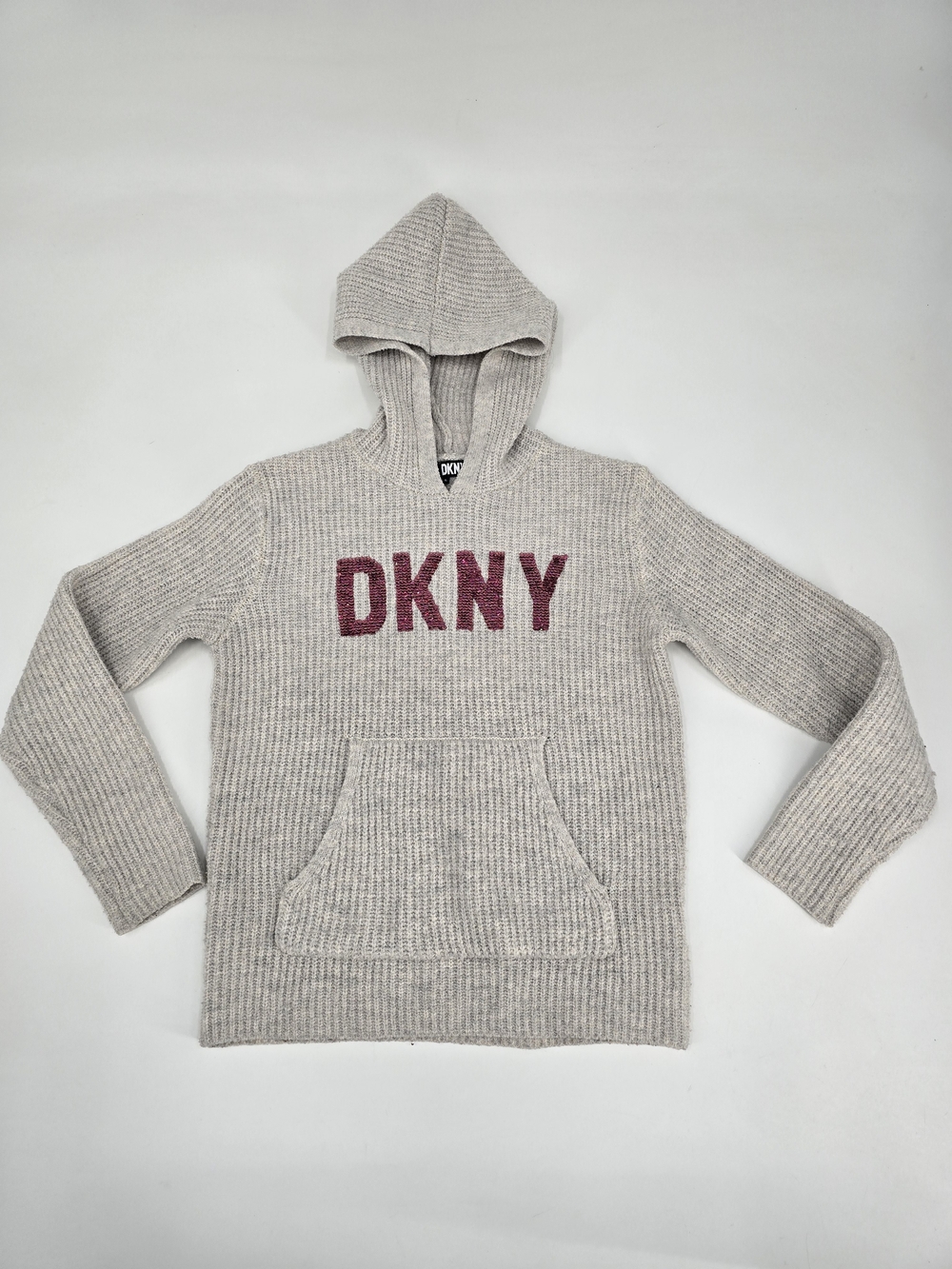 DKNY Girl Beige Knit Hoodie with Sequin Logo Size L